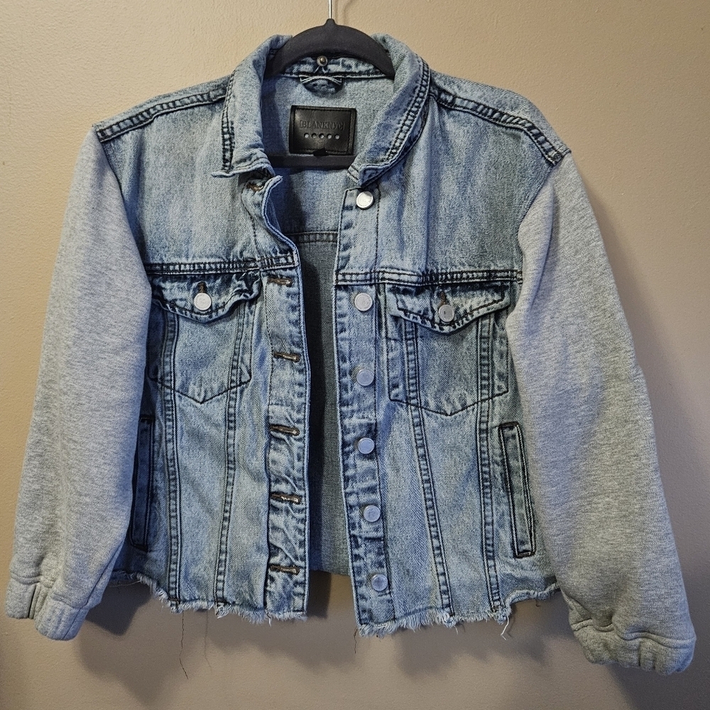 Blank NYC Denim Jacket Women's Size S Jersey Sleeves Frayed Hem 100% Cotton